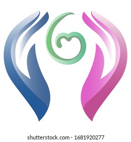 Logo, icono, con la imagen de las manos abstractas de madre y padre, y un niño en forma de corazón, en colores rosa, azul y verde, aislado en un fondo blanco