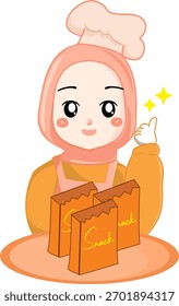 The logo or icon of an Islamic child chef with snacks on the table is very cute and good, suitable for small businesses and easy to understand with the icon of children who like to eat snacks, I hope 