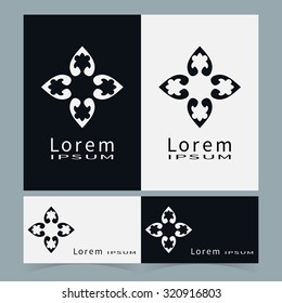 Logo icon label and Business cards set. Black and white symbol stylized flower collection. Abstract vector shape geometric round ornament, line art, floral design element