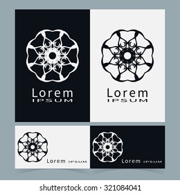 Logo icon label and Business cards set. Black and white symbol stylized flower collection. Abstract vector shape geometric round ornament, line art, floral design element