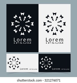 Logo icon label and Business cards set. Black and white symbol stylized flower collection. Abstract vector shape geometric round ornament, line art, floral design element