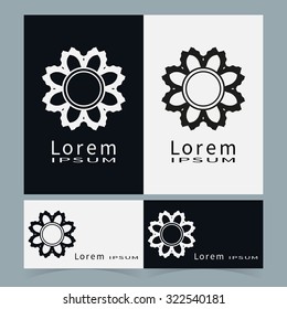 Logo icon label and Business cards set. Black and white symbol stylized flower collection. Abstract vector shape geometric round ornament, line art, floral design element