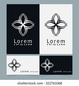 Logo icon label and Business cards set. Black and white symbol stylized flower collection. Abstract vector shape geometric round ornament, line art, floral design element