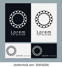 Logo icon label and Business cards set. Black and white symbol stylized flower collection. Abstract vector shape geometric round ornament, line art, floral design element