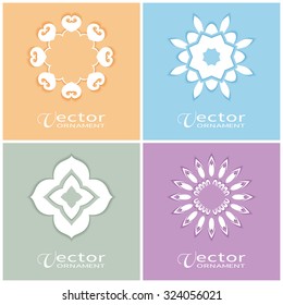 Logo icon label set. White symbols with shadow stylized flower collection. Abstract vector shape geometric round ornament, line art, floral design element