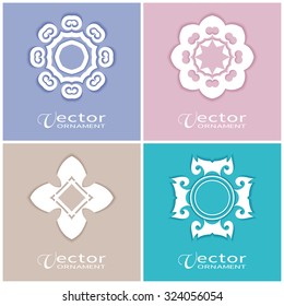 Logo icon label set. White symbols with shadow stylized flower collection. Abstract vector shape geometric round ornament, line art, floral design element