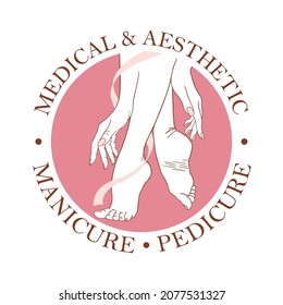 Logo, icon for manicure, pedicure, foot care, for beauty salons and therapeutic massage, well-groomed female hands and feet, line art.