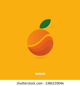 Logo, icon orange in modern style with green leaf on orange background, flat design, gradient, summer, fruit. Vector illustration.