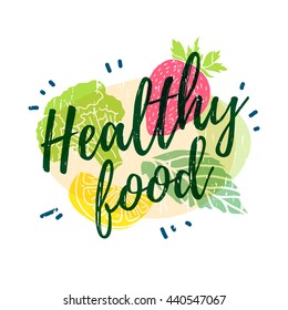 Logo, icon, poster Healthy food brochure. The decor of the silhouettes of vegetables, fruits and herbs. Stamp style. Vector