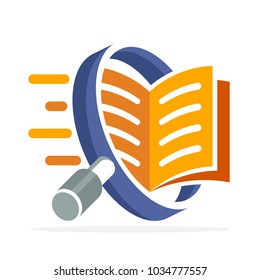 Logo Icon With Search Concept, Reading, Reviewing Book. Illustrated With A Magnifying Glass And Open Book.