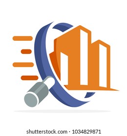 logo icon with search, review, inspection concept, for real estate business, building inspector, illustrated with magnifying glass and building