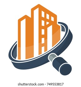 logo icon with search / review / inspection concept, for real estate / building inspector business, illustrated with magnifying glass and building