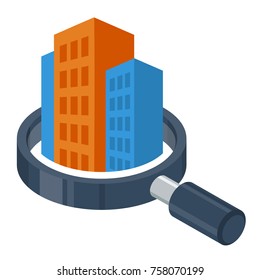 logo icon with search / review / inspection concept, for real estate / building inspector business, illustrated with magnifying glass and building