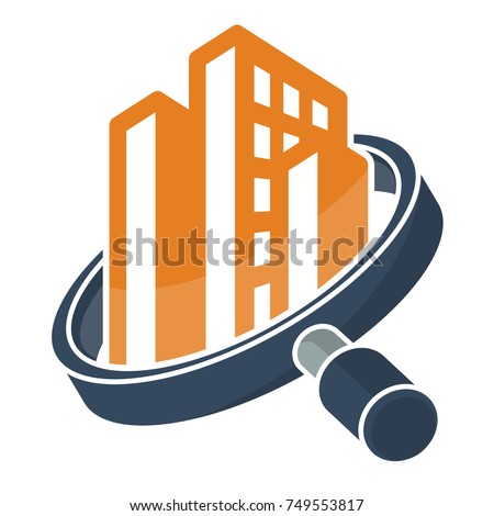 logo icon with search / review / inspection concept, for real estate / building inspector business, illustrated with magnifying glass and building