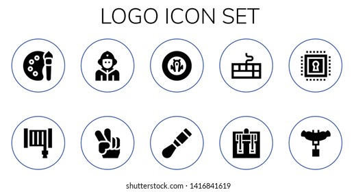 logo icon set. 10 filled logo icons.  Simple modern icons about  - Color palette, Hose, Firefighter, Peace, Shield, Chisel, Keyboard, Machine, Chip, Sausage