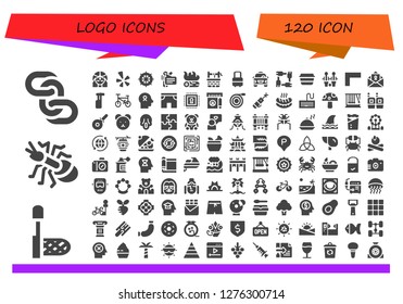  logo icon set. 120 filled logo icons. Simple modern icons about  - Chains, Net, Ant, Girl, Yelp, Wheel, Speech, Campfire, Water well, Suitcase, Taxi, Unity, Lunch box, Table football