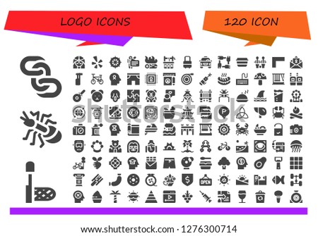  logo icon set. 120 filled logo icons. Simple modern icons about  - Chains, Net, Ant, Girl, Yelp, Wheel, Speech, Campfire, Water well, Suitcase, Taxi, Unity, Lunch box, Table football