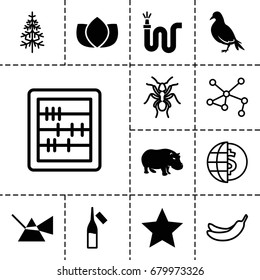 Logo icon. set of 13 filled and outline logo icons such as dove, hippopotamus, lotus, water hose, ampoule, star, ant, banana, abacus, pine-tree, connection, intersection