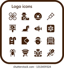 logo icon set. 16 filled logo icons.  Simple modern icons about  - Drone, Farmer, Doughnut, Crutch, Bbq, Sea lion, Fish, Hidden camera, Swimming pool, Logout, Girl, Waterfall