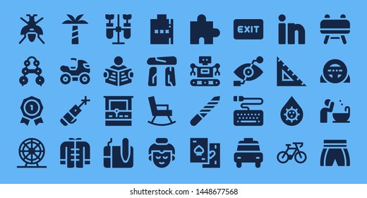 logo icon set. 32 filled logo icons. on blue background style Simple modern icons about  - Wasp, Barbell, Insignia, Ferris wheel, Palm tree, Quad, Laser pen, Wushu, Chemistry