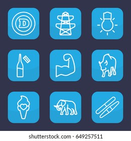 Logo icon. set of 9 outline logo icons such as elephant, buffalo, sawing, d letter, pylon, ampoule, ice cream, camera bulb