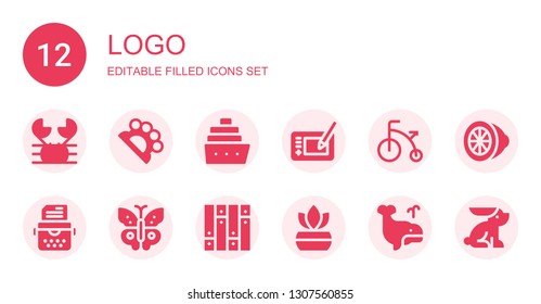 logo icon set. Collection of 12 filled logo icons included Crab, Brass knuckles, Cruise, Graphic tablet, Bicycle, Typewriter, Butterfly, Parquet, Fern, Whale, Lemon, Rabbit