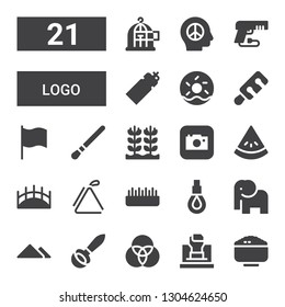 logo icon set. Collection of 21 filled logo icons included Rice, Fist, Rgb, Ladle, Pyramid, Elephant, Rope, Grass, Triangle, Bridge, Watermelon, Camera, Brush, Flag, Wine, Doughnut