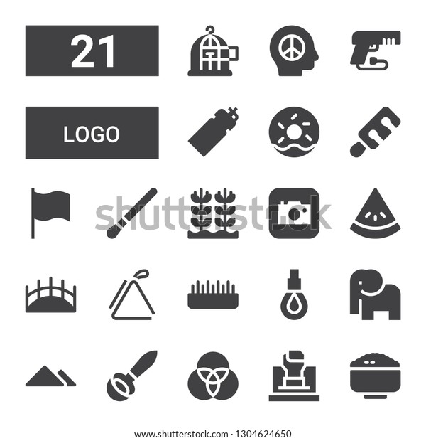 logo icon\
set. Collection of 21 filled logo icons included Rice, Fist, Rgb,\
Ladle, Pyramid, Elephant, Rope, Grass, Triangle, Bridge,\
Watermelon, Camera, Brush, Flag, Wine,\
Doughnut
