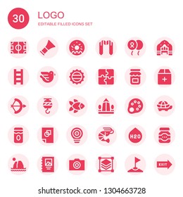 logo icon set. Collection of 30 filled logo icons included Field, Barber, Doughnut, Sash, Balloon, Ladder, Dove, Bottle cap, Puzzle, Jam, Arch, Crane, Fish, Obelisk, Palette, Graphic design