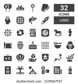 logo icon set. Collection of 32 filled logo icons included Lighthouse, Newspaper, Camcorder, Pyramid, Palm tree, Greeting card, Cows, Brace, Antivirus, Cube, Balloon, ID, Rgb