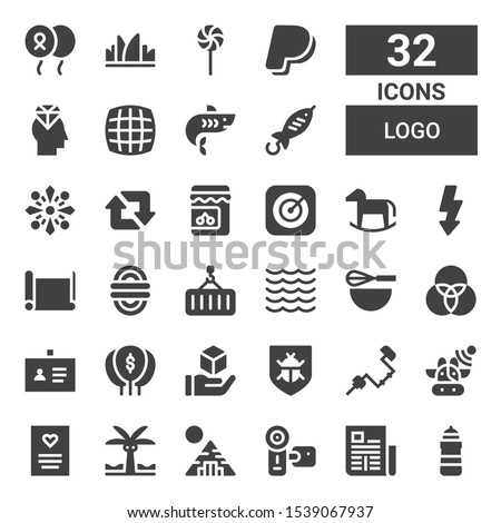 logo icon set. Collection of 32 filled logo icons included Lighthouse, Newspaper, Camcorder, Pyramid, Palm tree, Greeting card, Cows, Brace, Antivirus, Cube, Balloon, ID, Rgb