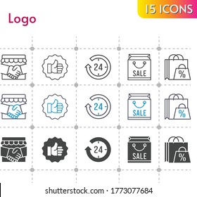 logo icon set. included handshake, shopping bag, 24-hours, like icons on white background. linear, bicolor, filled styles.
