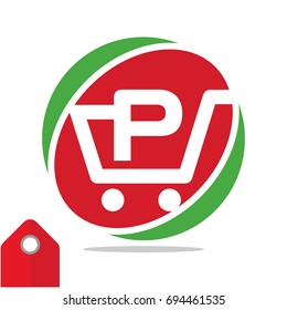 Logo icon for shopping business, illustrated in circle logo with the visual concept of shopping cart and the initials name, letter P