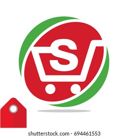 Logo icon for shopping business, illustrated in circle logo with the visual concept of shopping cart and the initials name, letter S