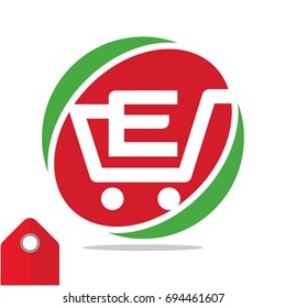 Logo icon for shopping business, illustrated in circle logo with the visual concept of shopping cart and the initials name, letter E
