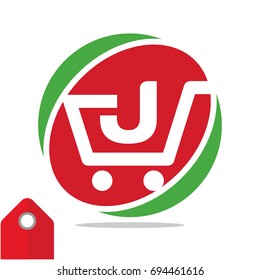 Logo icon for shopping business, illustrated in circle logo with the visual concept of shopping cart and the initials name, letter J