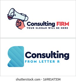 Símbolo de logotipo de megáfono de mano con cara sonriente lindo y letra R vector azul adecuado para el centro de anuncio de la empresa consultora comunitaria sin fines de lucro