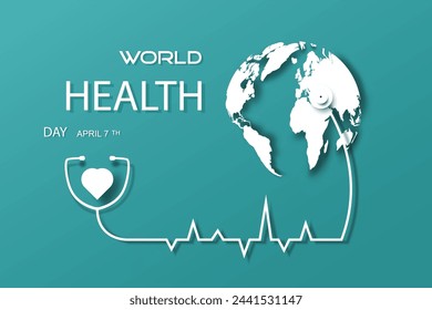 Logo icon and symbol of Health world day, Vector illustration sign symbol poster concept design on green with world map. World Health Day global health day celebrated, Design Template.