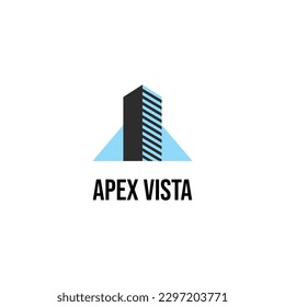 símbolo de icono del logo de un edificio altísimo detrás del cual hay una montaña con una combinación de negro y azul