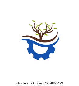 logo  icon vector blue gear with a green tree leaves