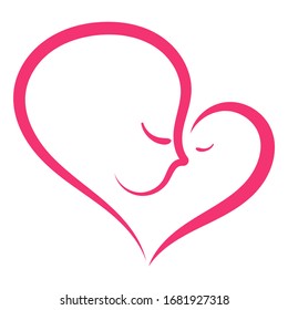 Logo, icon, vector image of mother and baby in a heart outline in pink color, isolated on white background