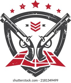 Logo Or Icon With Vintage Army Gun With Shield And Map