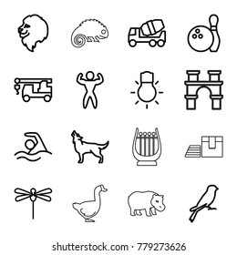 Logo icons. set of 16 editable outline logo icons such as lion, wolf, sparrow, concrete mixer, truck with hook, camera bulb, swimming, bodybuilder, bowling, dragonfly
