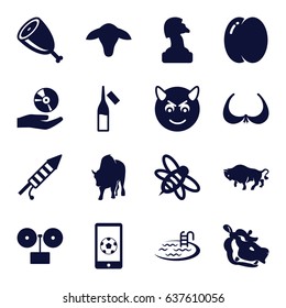 Logo icons set. set of 16 logo filled icons such as goat, peach, buffalo, hippopotamus, bra, pool, devil emot, bee, ampoule, cd on hand, fireworks, meat, football on phone