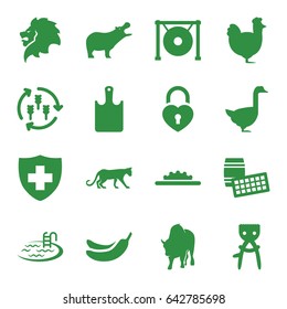 Logo icons set. set of 16 logo filled icons such as harvest, panther, hippopotamus, lion, goose, buffalo, chicken, hair removal, pool, banana, medical sign, heart lock, gong