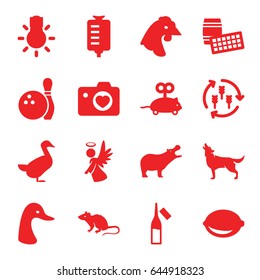 Logo icons set. set of 16 logo filled icons such as harvest, hippopotamus, goose, mouse, chicken, wolf, mouse toy, drop counter, ampoule, lemon, heart with camera, angel
