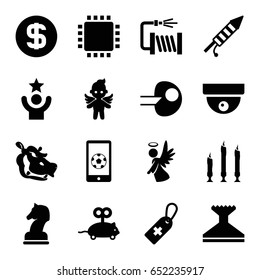 Logo icons set. set of 16 logo filled icons such as hippopotamus, mouse toy, window squeegee, water hose, medical cross tag, angel, fireworks, candle, football on phone