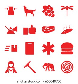 Logo icons set. set of 16 logo filled icons such as elephant, wolf, slim, grape, cutting board, window squeegee, maid, medical sign, meat, dragonfly, labyrinth, burger