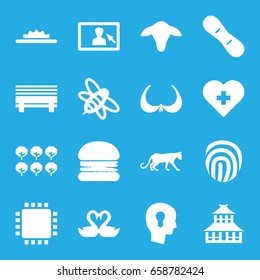 Logo icons set. set of 16 logo filled icons such as goat, tree, panther, temple, bra, bee, swan heart, camera wheel, camera display, snow board, keyhole in head, fingerprint