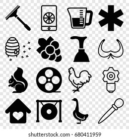 Logo icons set. set of 16 logo filled and outline icons such as goose, squirrel, grape, plunger, window squeegee, medical sign, movie tape, gong, love home, decanted, chicken